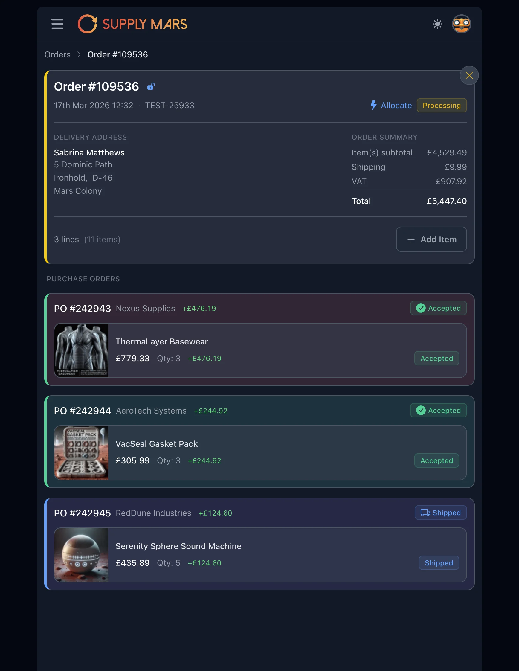 Order management interface showing order details and purchase order tracking